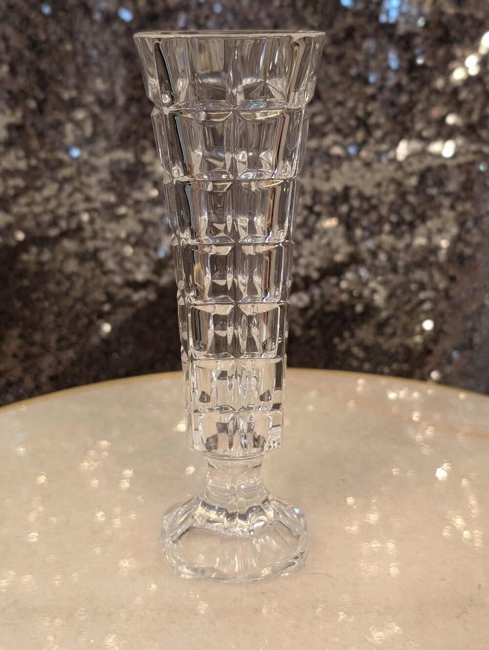 Vintage Cristal d’Arques-Durand Clear Crystal Geometric Block Panel Pedestal Bud